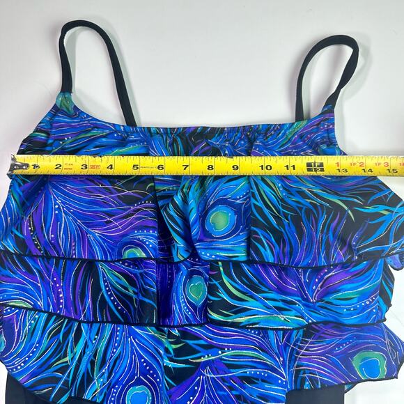 Robby Len Women's 16 One Piece Peacock Print & Gold Ruffled One Piece Swimsuit - Picture 7 of 8